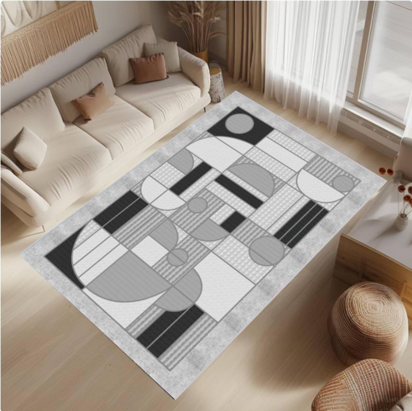 Modern Geometric Rug Abstract Gray Pattern Rug Washable Rug Non-slip