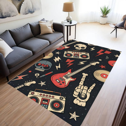 Rock Music Guitar & Skull Rug | Vintage Rocker Home Decor