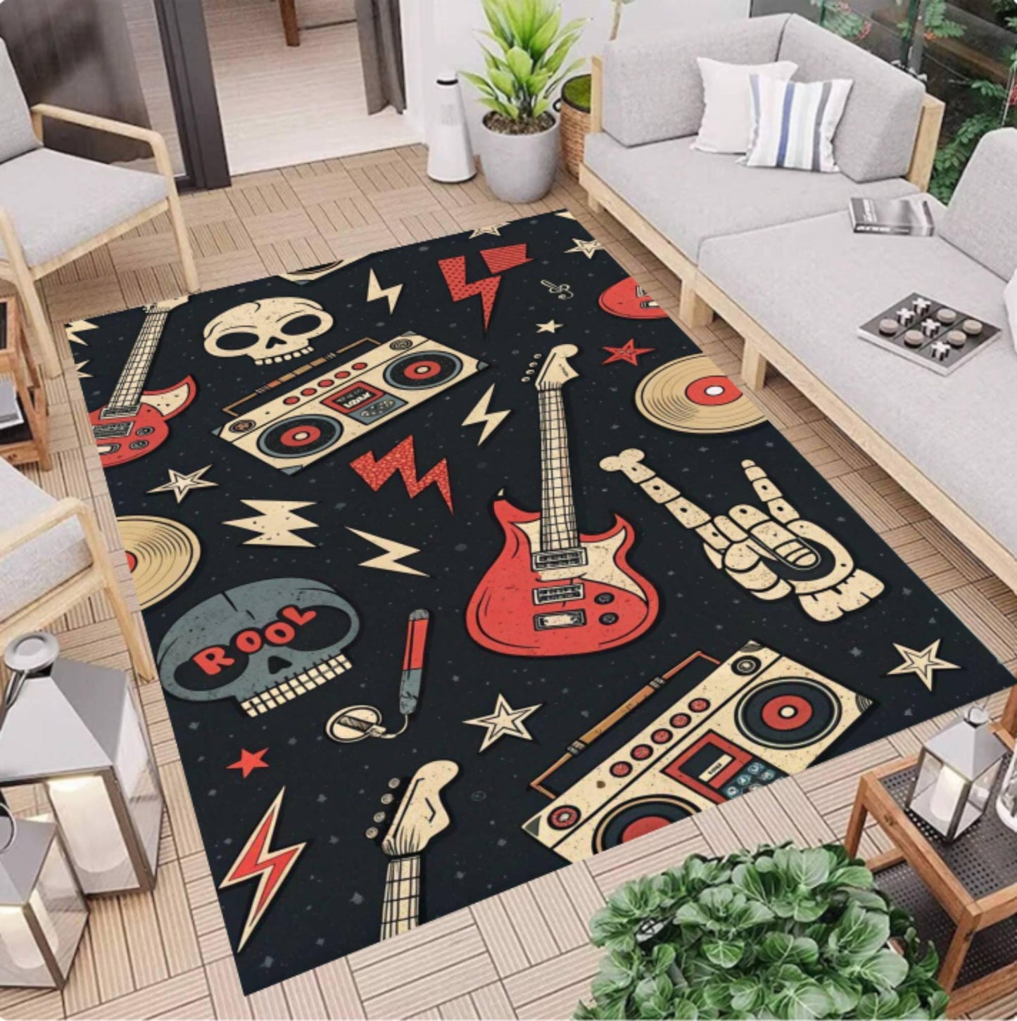Rock Music Guitar & Skull Rug | Vintage Rocker Home Decor