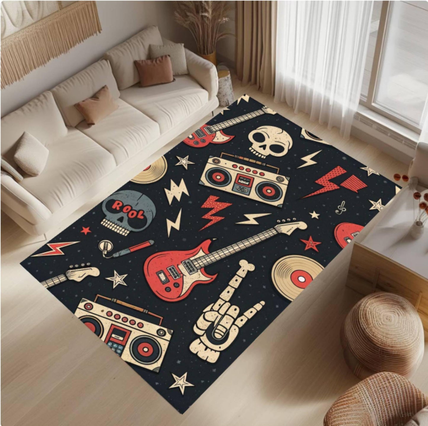 Rock Music Guitar & Skull Rug | Vintage Rocker Home Decor