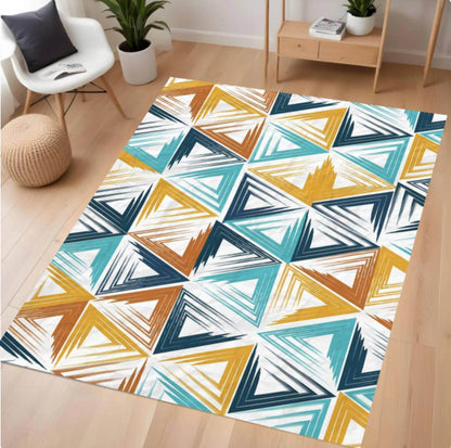 Geometric patterned rug on a wooden floor with furniture in the background
