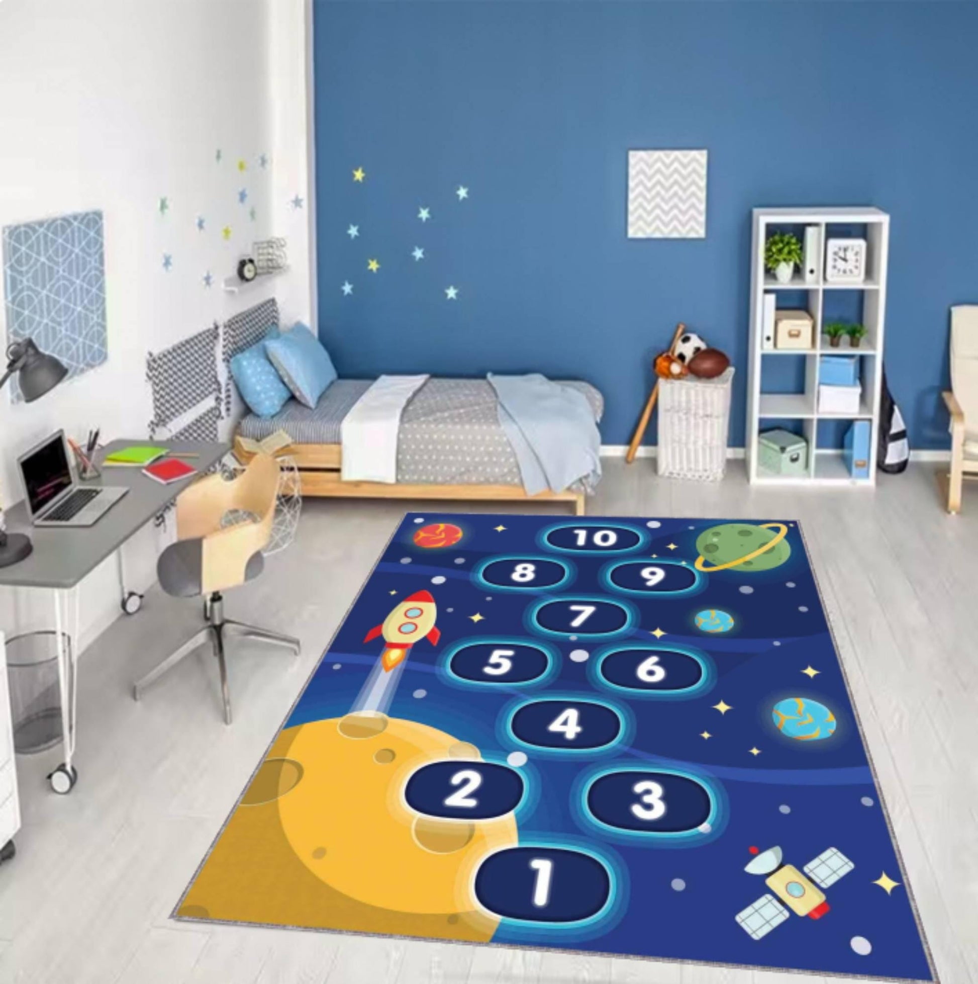 Kids Space Hopscotch Rug, Educational Playroom Carpet, Washable rug, Non Slip Kids Rug, Space Theme Nursery Decor, Toddler Bedroom Floor Mat
