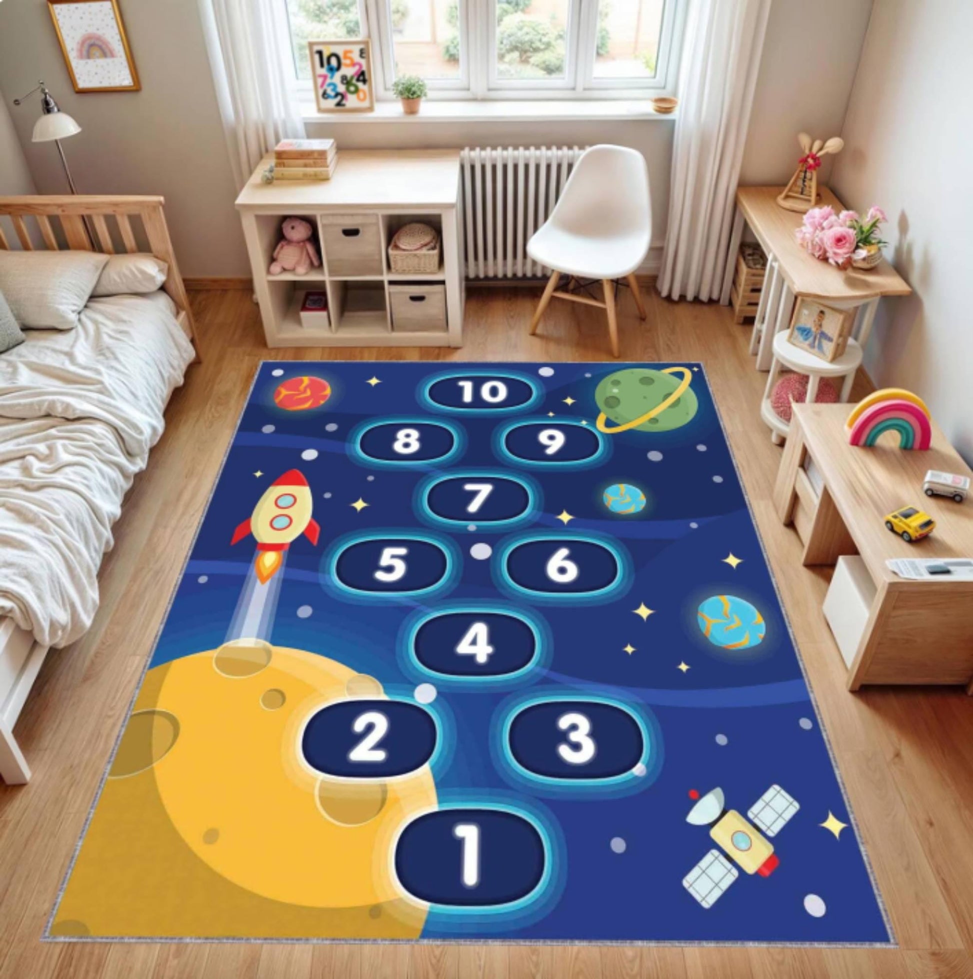 Kids Space Hopscotch Rug, Educational Playroom Carpet, Washable rug, Non Slip Kids Rug, Space Theme Nursery Decor, Toddler Bedroom Floor Mat