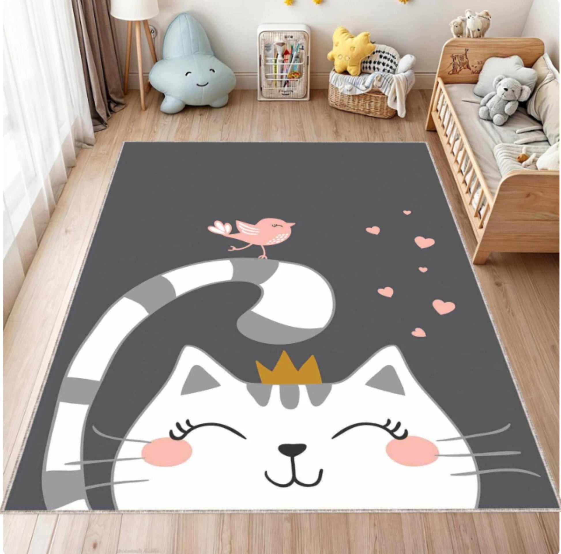 Children's room with a rug featuring a cat design and a pink bird.