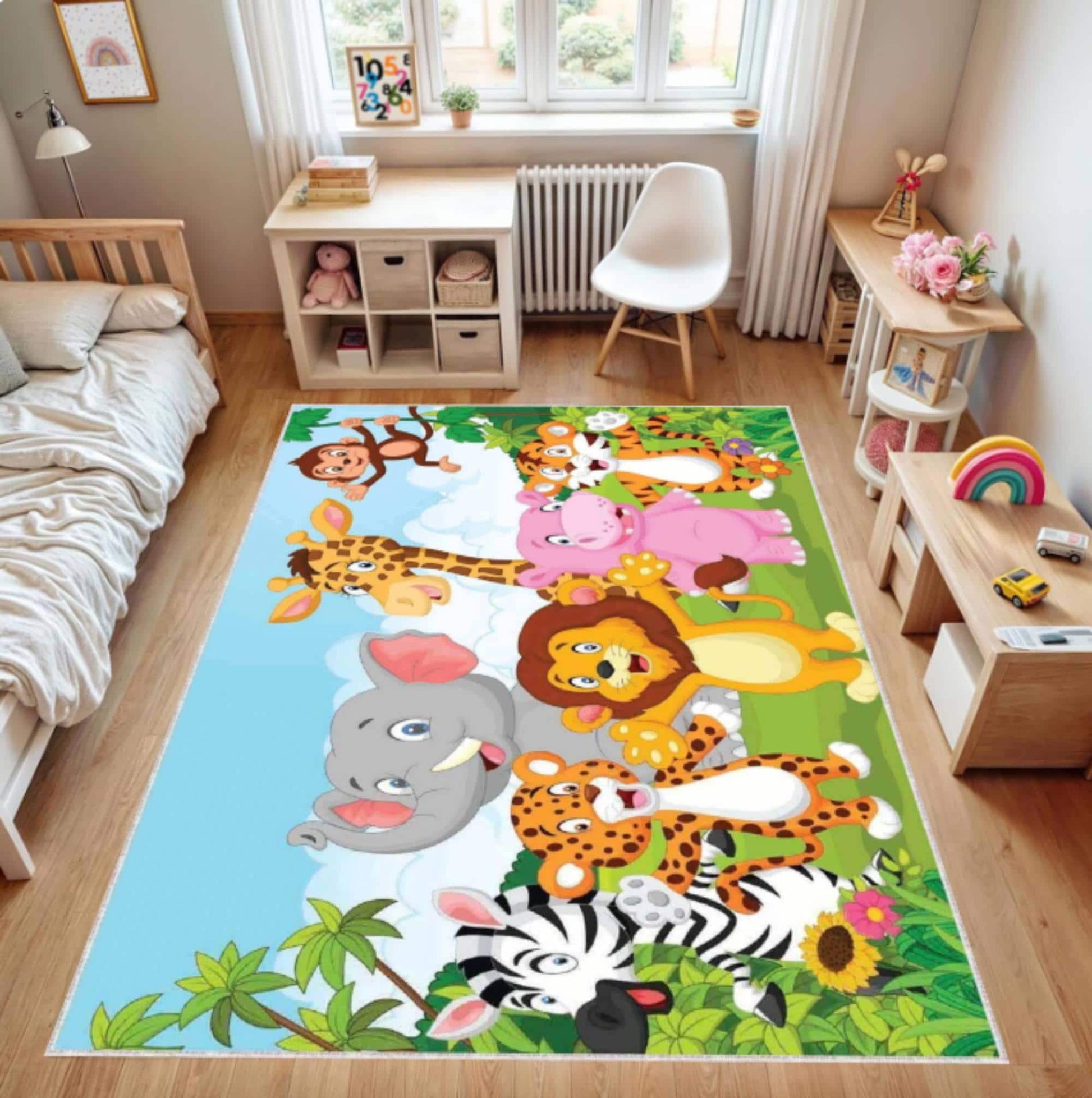 Children's room with a colorful animal rug on the floor.