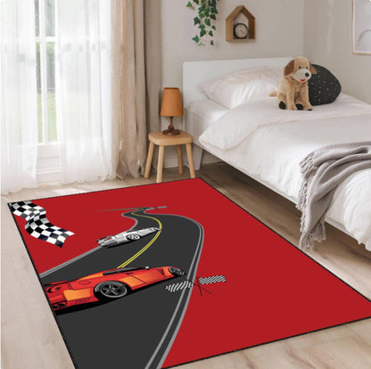 Red Race Car Kids Rug | Washable Non-Slip Playroom Carpet