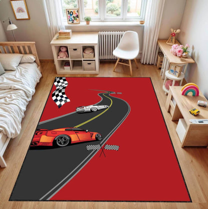 Red Race Car Kids Rug | Washable Non-Slip Playroom Carpet
