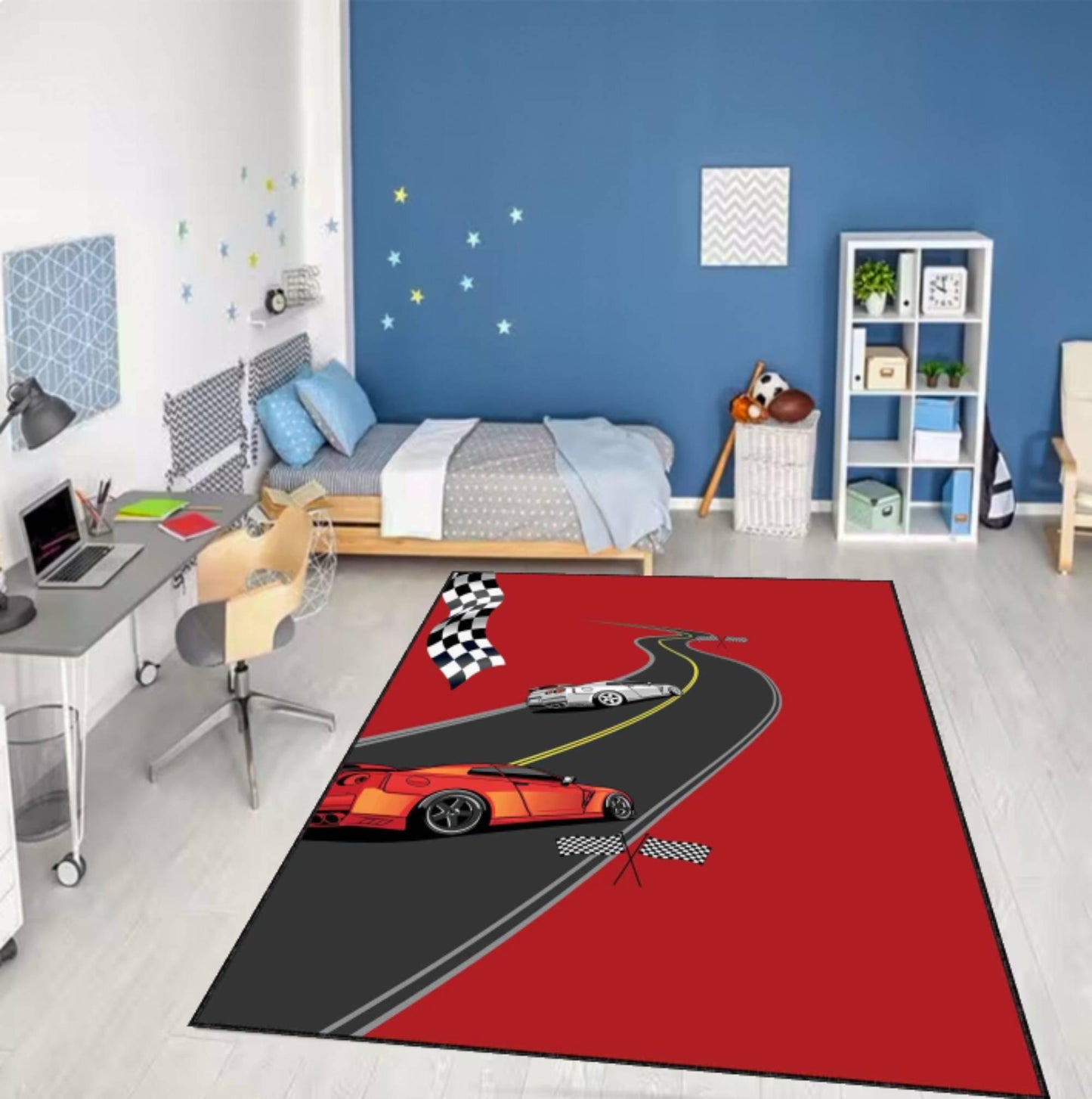 Red Race Car Kids Rug | Washable Non-Slip Playroom Carpet