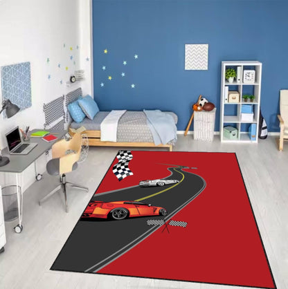 Red Race Car Kids Rug | Washable Non-Slip Playroom Carpet