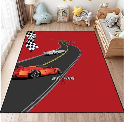 Red Race Car Kids Rug | Washable Non-Slip Playroom Carpet