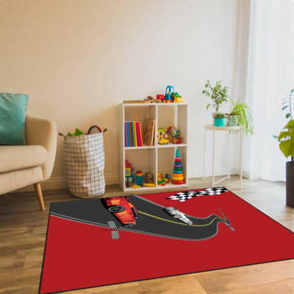 Red Race Car Kids Rug | Washable Non-Slip Playroom Carpet