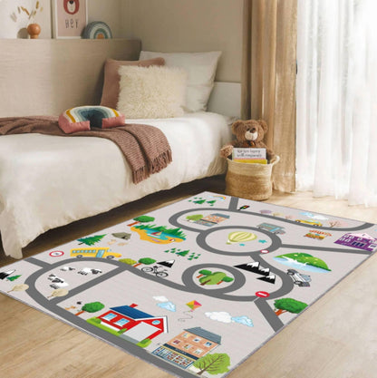 Kids Road Map Play Rug, City Traffic Playmat Carpet, Washable rug,Non Slip Kids Area Rug, Playroom Nursery Floor Mat, Toddler Car Play Decor