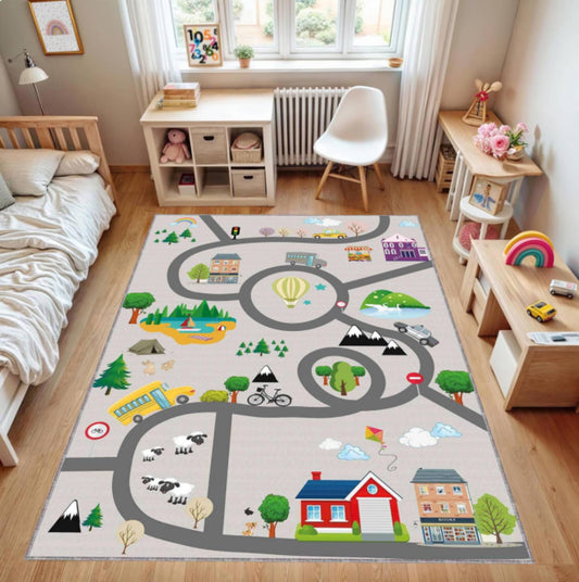 Kids Road Map Play Rug, City Traffic Playmat Carpet, Washable rug,Non Slip Kids Area Rug, Playroom Nursery Floor Mat, Toddler Car Play Decor