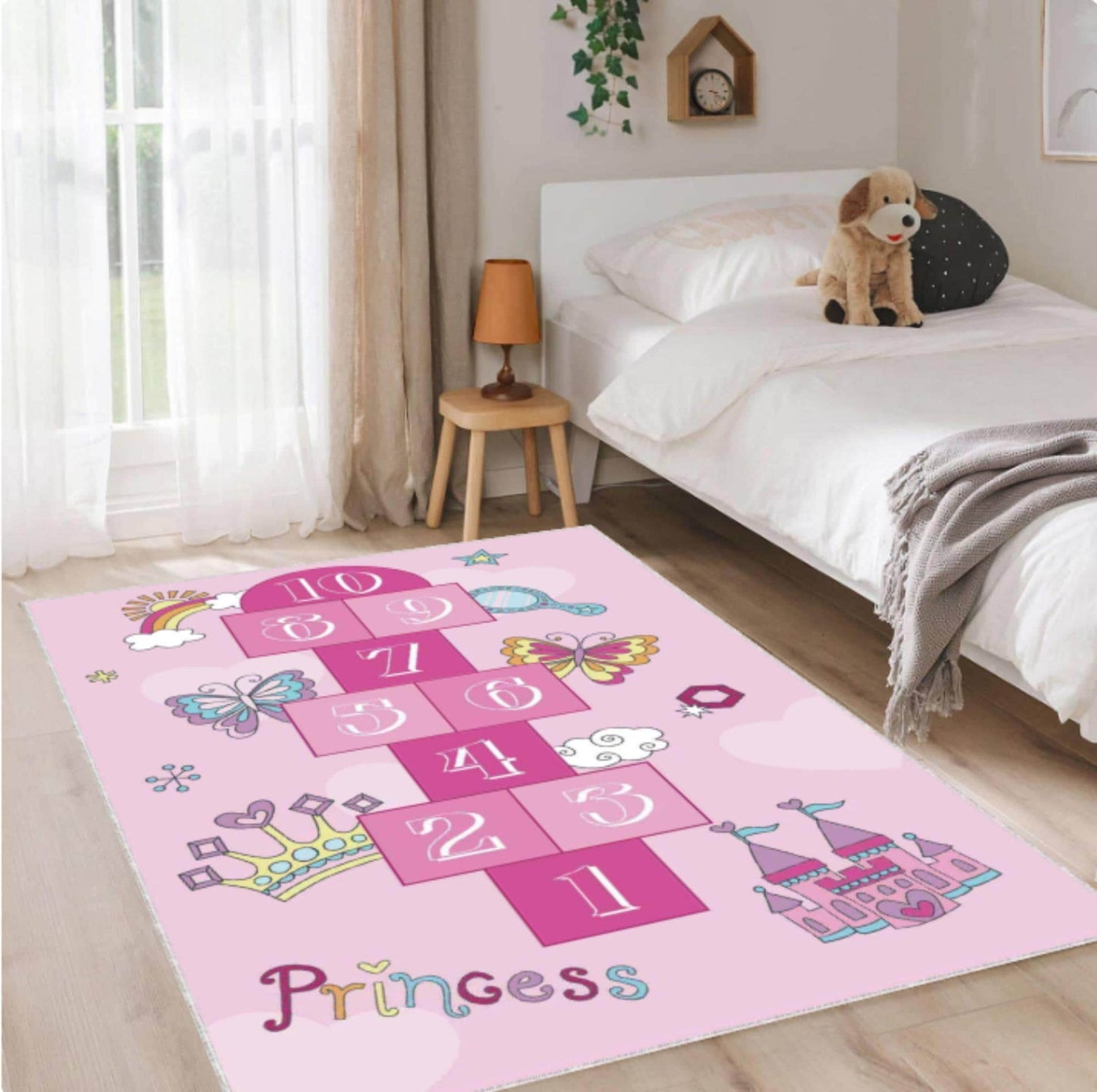 Pink Princess Hopscotch Kids Area Rug – Girls Play Mat Washable Non-Slip