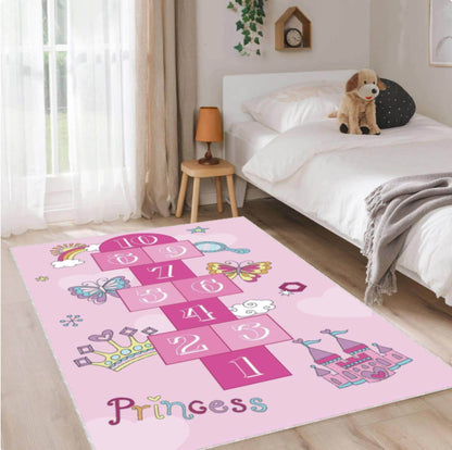 Pink Princess Hopscotch Kids Area Rug – Girls Play Mat Washable Non-Slip