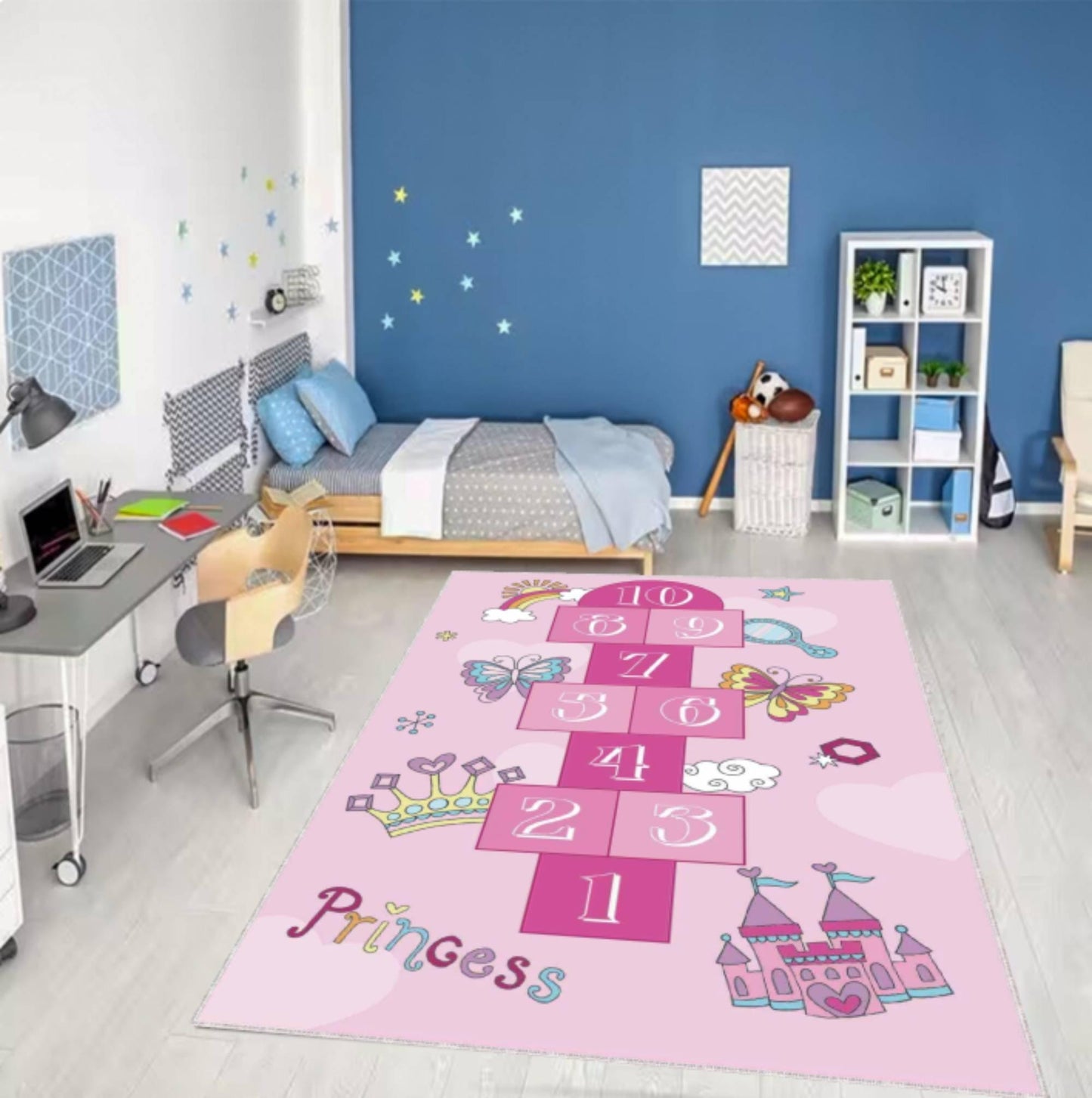 Pink Princess Hopscotch Kids Area Rug – Girls Play Mat Washable Non-Slip