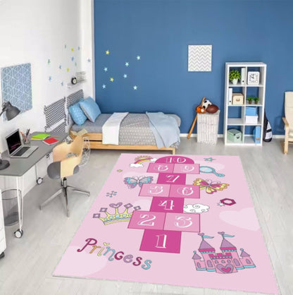 Pink Princess Hopscotch Kids Area Rug – Girls Play Mat Washable Non-Slip