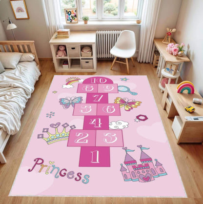 Pink Princess Hopscotch Kids Area Rug – Girls Play Mat Washable Non-Slip