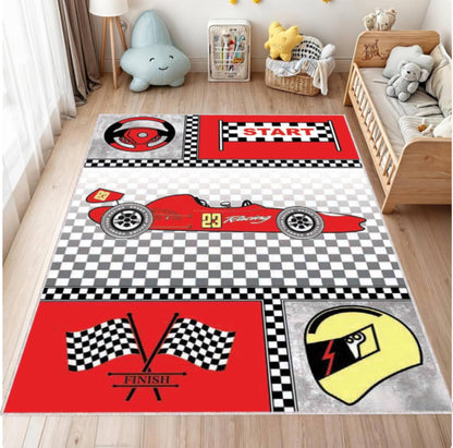 Children's room with a racing theme rug featuring cars, flags, and helmets.