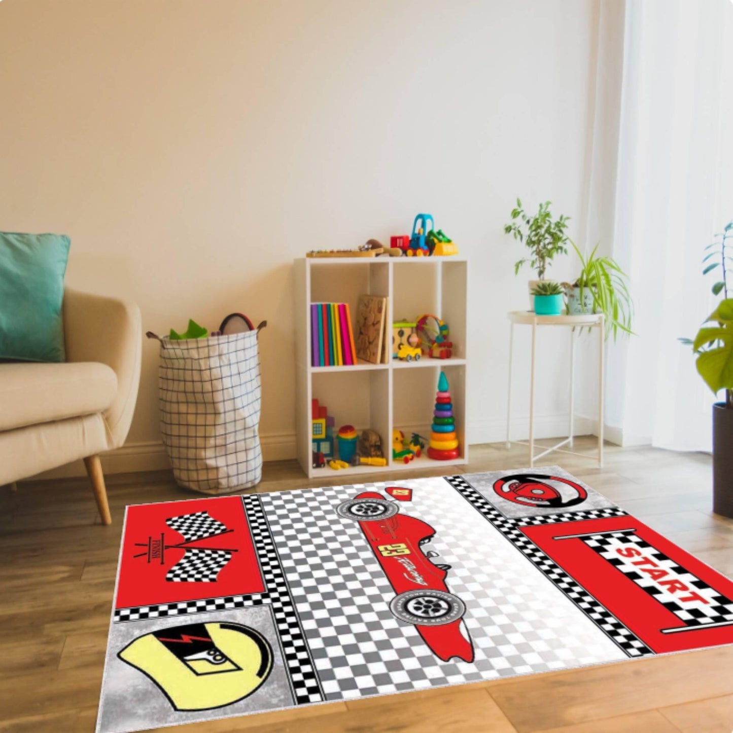 Race Car Theme Playroom Rug Washable Non-slip