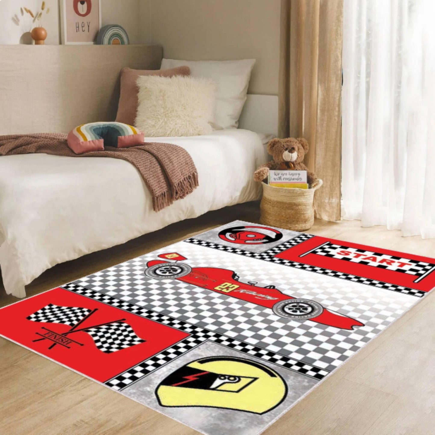 Race Car Theme Playroom Rug Washable Non-slip