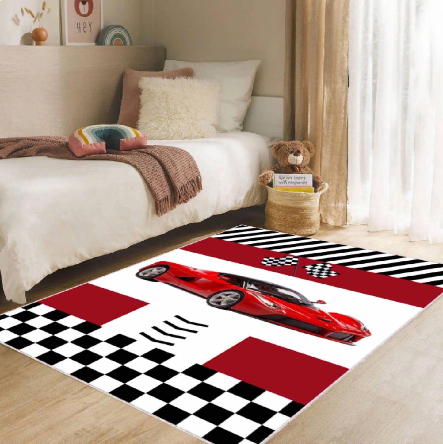 Red Supercar Kids Rug Washable Non-slip Playroom Rug Race