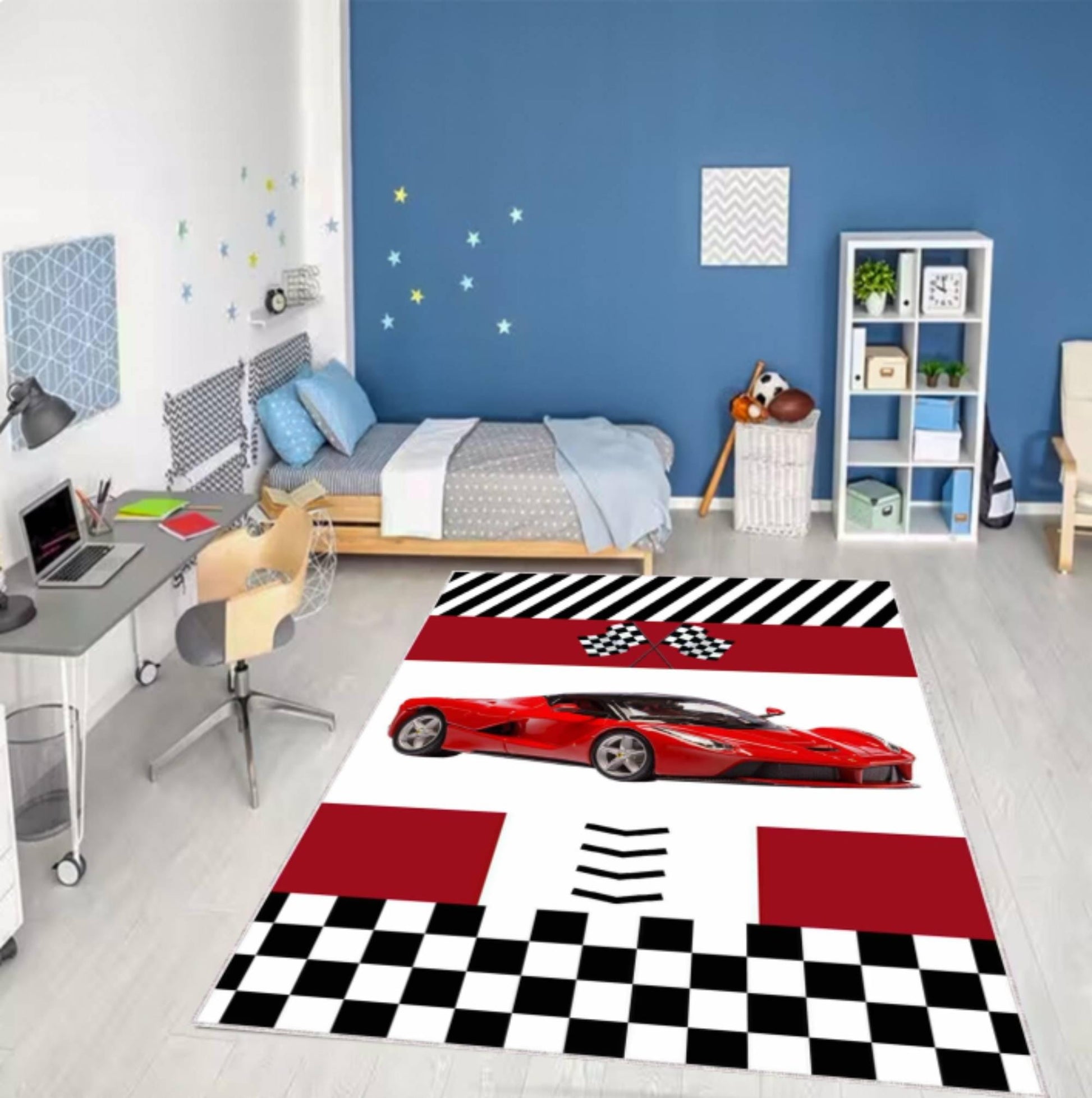 Red Supercar Kids Rug, Race Track Car Theme Carpet, Washable Non Slip Playroom Rug, Racing Nursery Decor, Checkered Flag Boys Room Mat