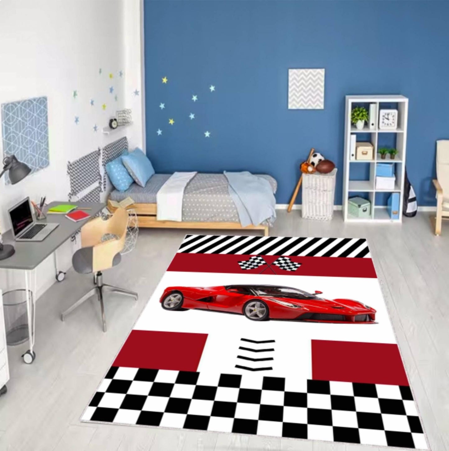 Red Supercar Kids Rug Washable Non-slip Playroom Rug Race