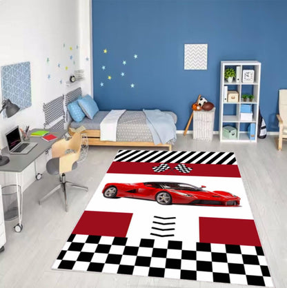 Red Supercar Kids Rug Washable Non-slip Playroom Rug Race