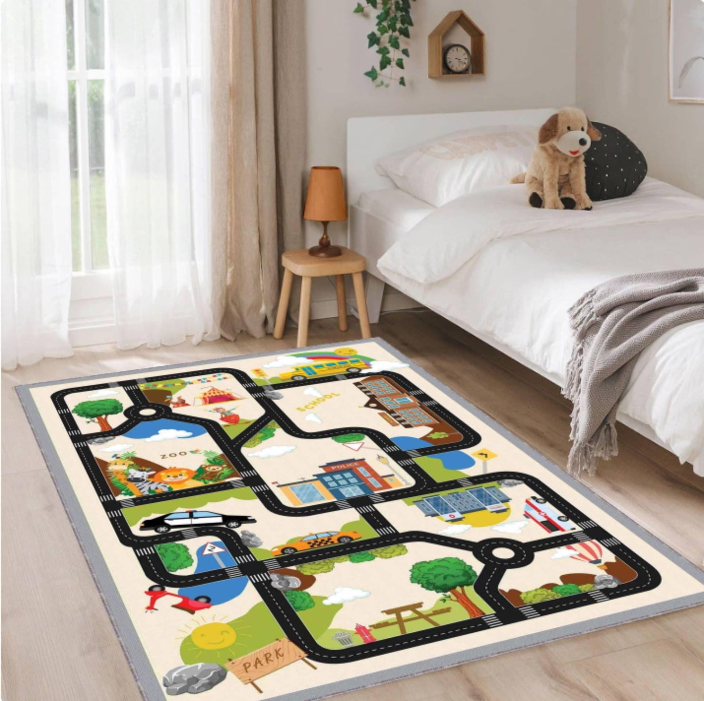 Kids City Road Rug for Bedroom, Educational Traffic Map Carpet, Washable Non Slip Area Rug, Nursery Decor, Toddler Floor Rug