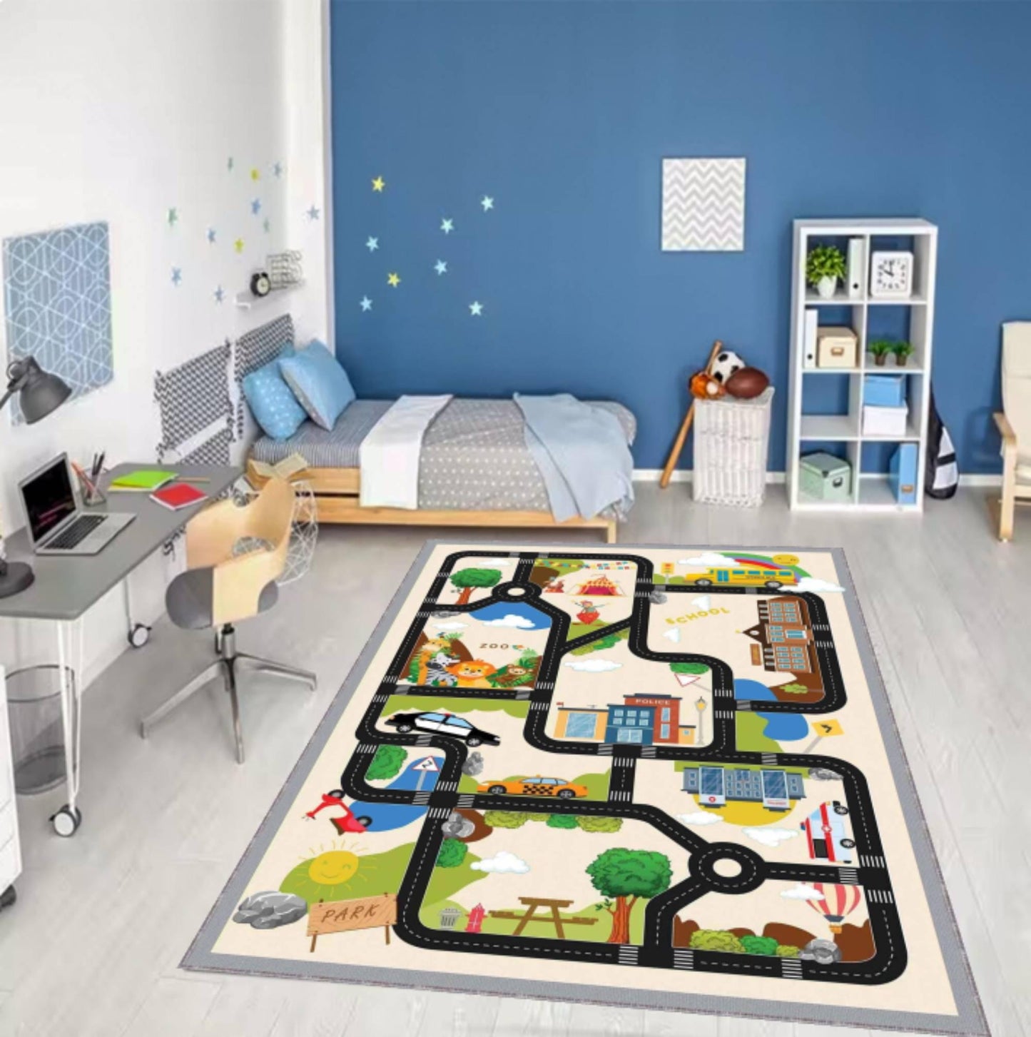 Kids City Road Rug for Bedroom, Educational Traffic Map Carpet, Washable Non Slip Area Rug, Nursery Decor, Toddler Floor Rug
