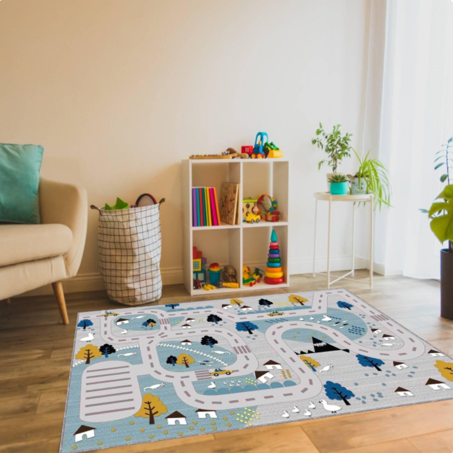 Kids Scenic Road Rug for Bedroom, Modern Traffic Map Nursery Carpet, Washable Non Slip Area Rug, Neutral Kids Room Decor, Toddler Floor Rug