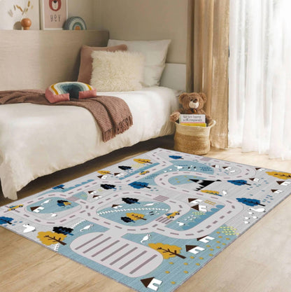 Kids Scenic Road Rug for Bedroom, Modern Traffic Map Nursery Carpet, Washable Non Slip Area Rug, Neutral Kids Room Decor, Toddler Floor Rug