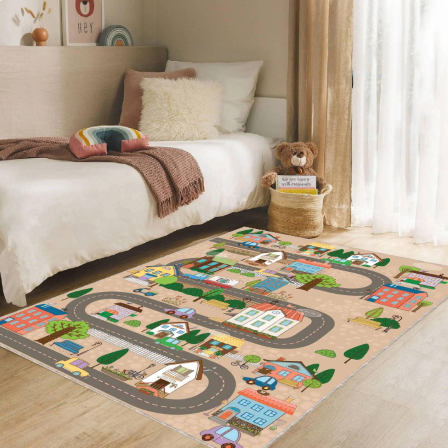 Cute Houses City Road Kids Rug | Washable Playroom Carpet