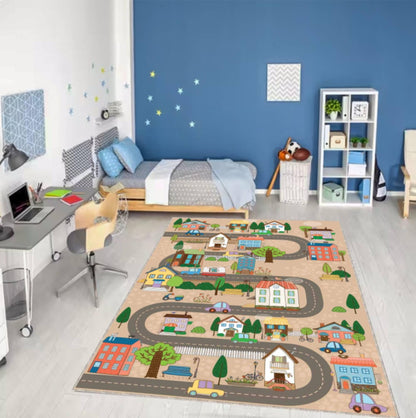 Kids City Road Rug with Cute Houses, Playroom Area Carpet for Toddlers, Washable rug, Non Slip Kids Floor Rug, Nursery and Bedroom Decor