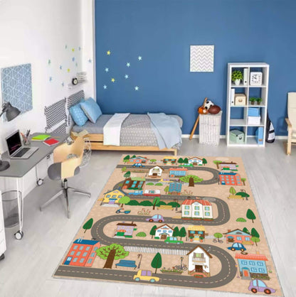Cute Houses City Road Kids Rug | Washable Playroom Carpet