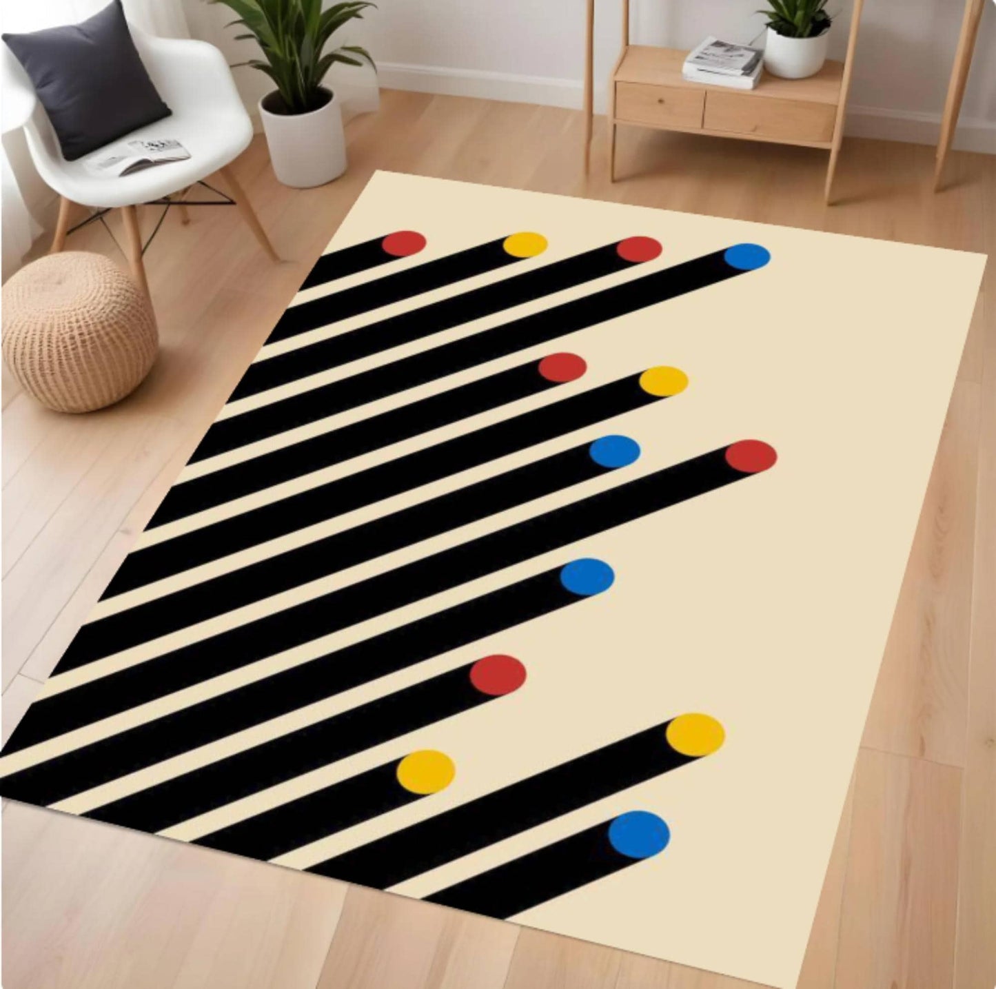 Decorative rug with black stripes and colorful dots on a wooden floor