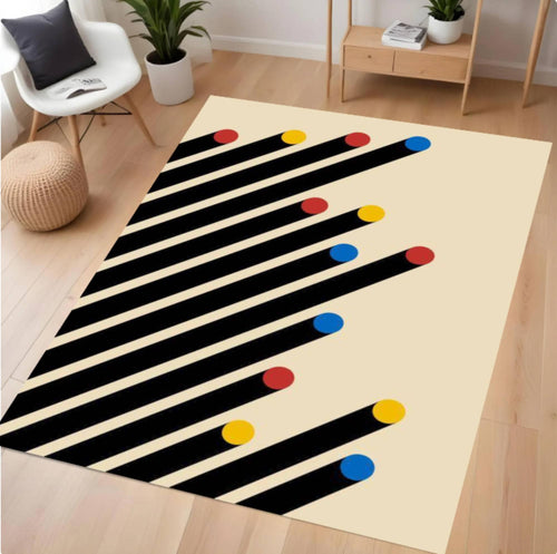 Decorative rug with black stripes and colorful dots on a wooden floor