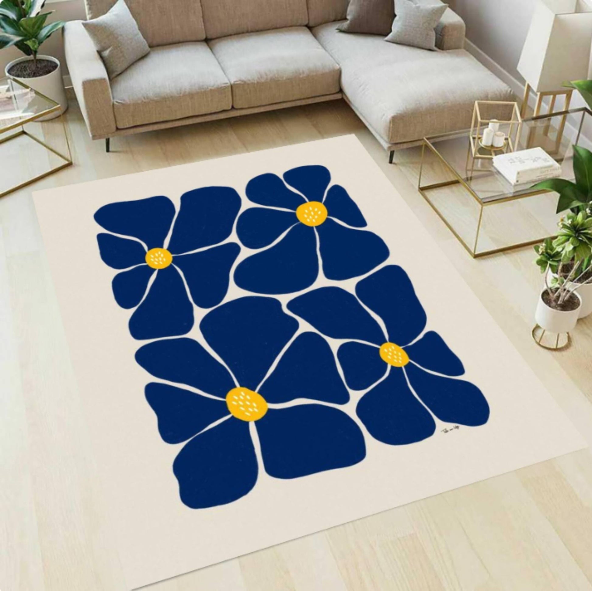 Modern Floral Area Rug, Blue Flower Minimal Floor Rug, Washable rug, Non Slip Carpet for Living Room Bedroom, Scandinavian Style Home Decor