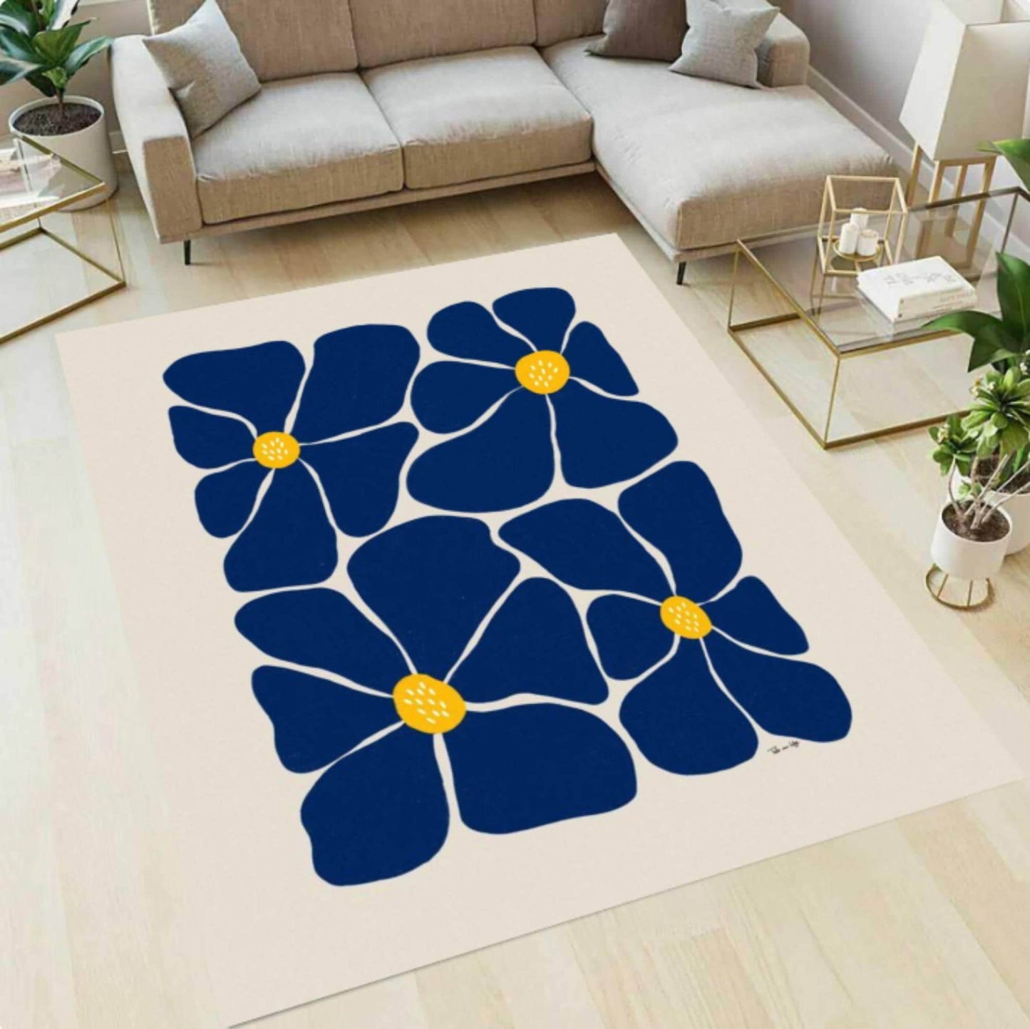 Modern Floral Rug Flower Minimal Rug Washable Rug Non-slip