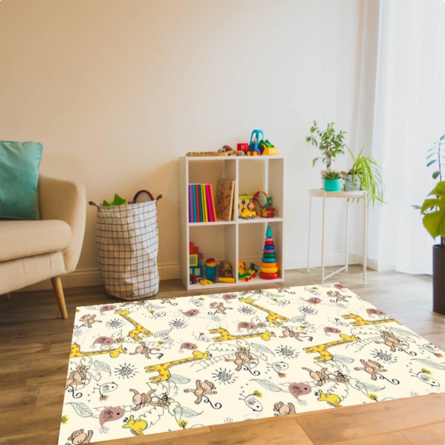 Jungle Animal Kids Rug,Giraffe Monkey Nursery Carpet,Neutral Beige Playroom Decor,Washable NonSlipRug,BabyToddler RoomMat,Nursery FloorDecor