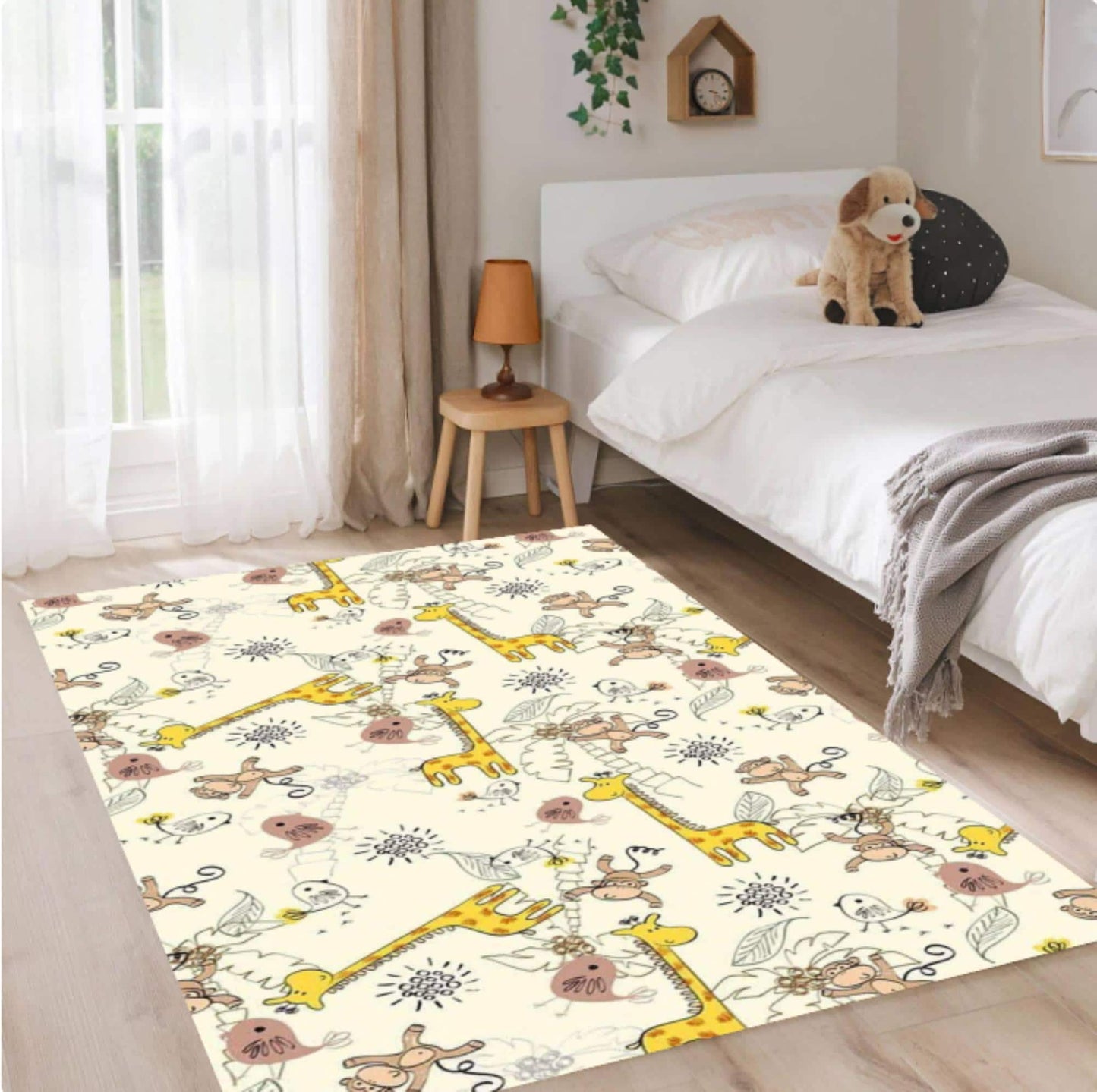 Jungle Animal Kids Rug,Giraffe Monkey Nursery Carpet,Neutral Beige Playroom Decor,Washable NonSlipRug,BabyToddler RoomMat,Nursery FloorDecor
