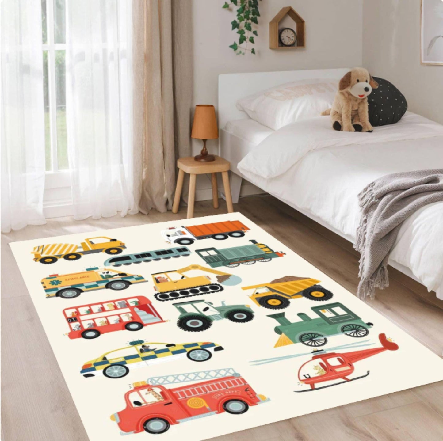 Vehicles Kids Room Rug, Trucks Cars Train Helicopter Design,Nursery Playroom Decor, Washable rug, Non Slip Rug, Toddler Baby Floor Mat
