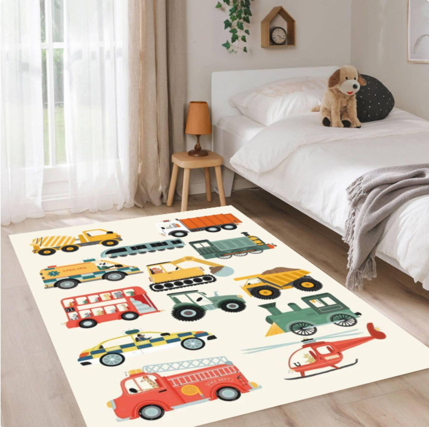 Vehicles & Transport Kids Rug | Trains Cars & Helicopters Carpet