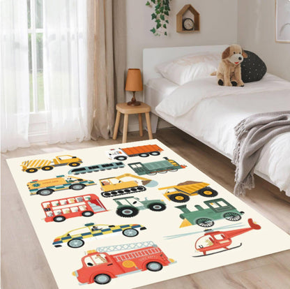 Vehicles & Transport Kids Rug | Trains Cars & Helicopters Carpet
