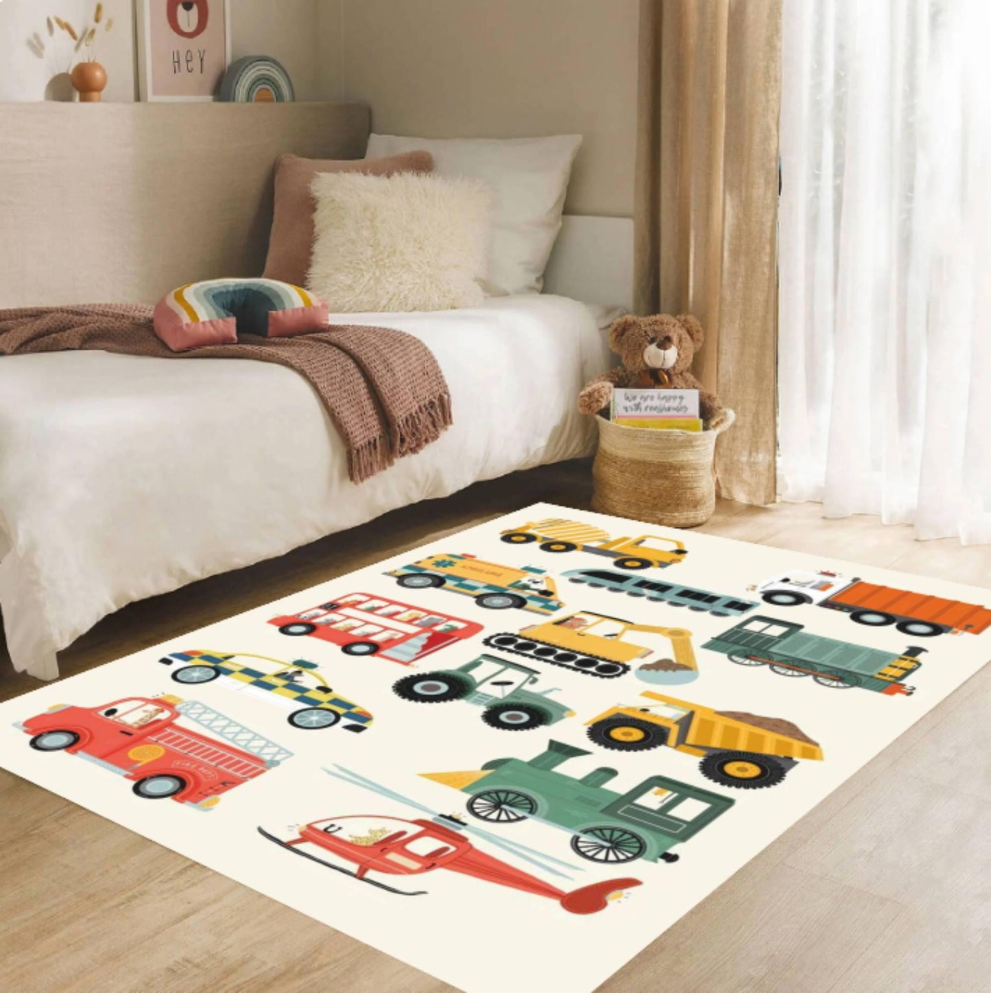Vehicles Kids Room Rug, Trucks Cars Train Helicopter Design,Nursery Playroom Decor, Washable rug, Non Slip Rug, Toddler Baby Floor Mat
