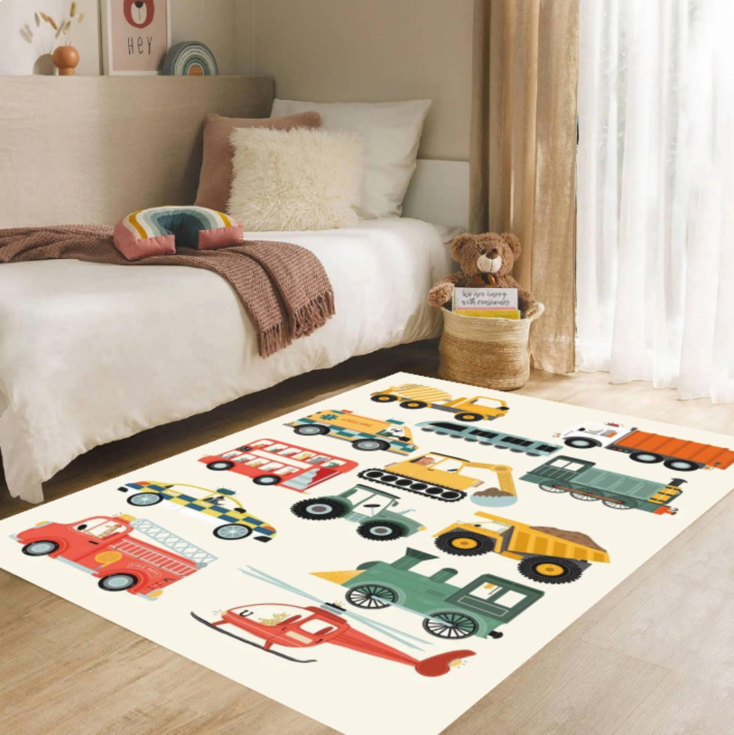 Vehicles & Transport Kids Rug | Trains Cars & Helicopters Carpet