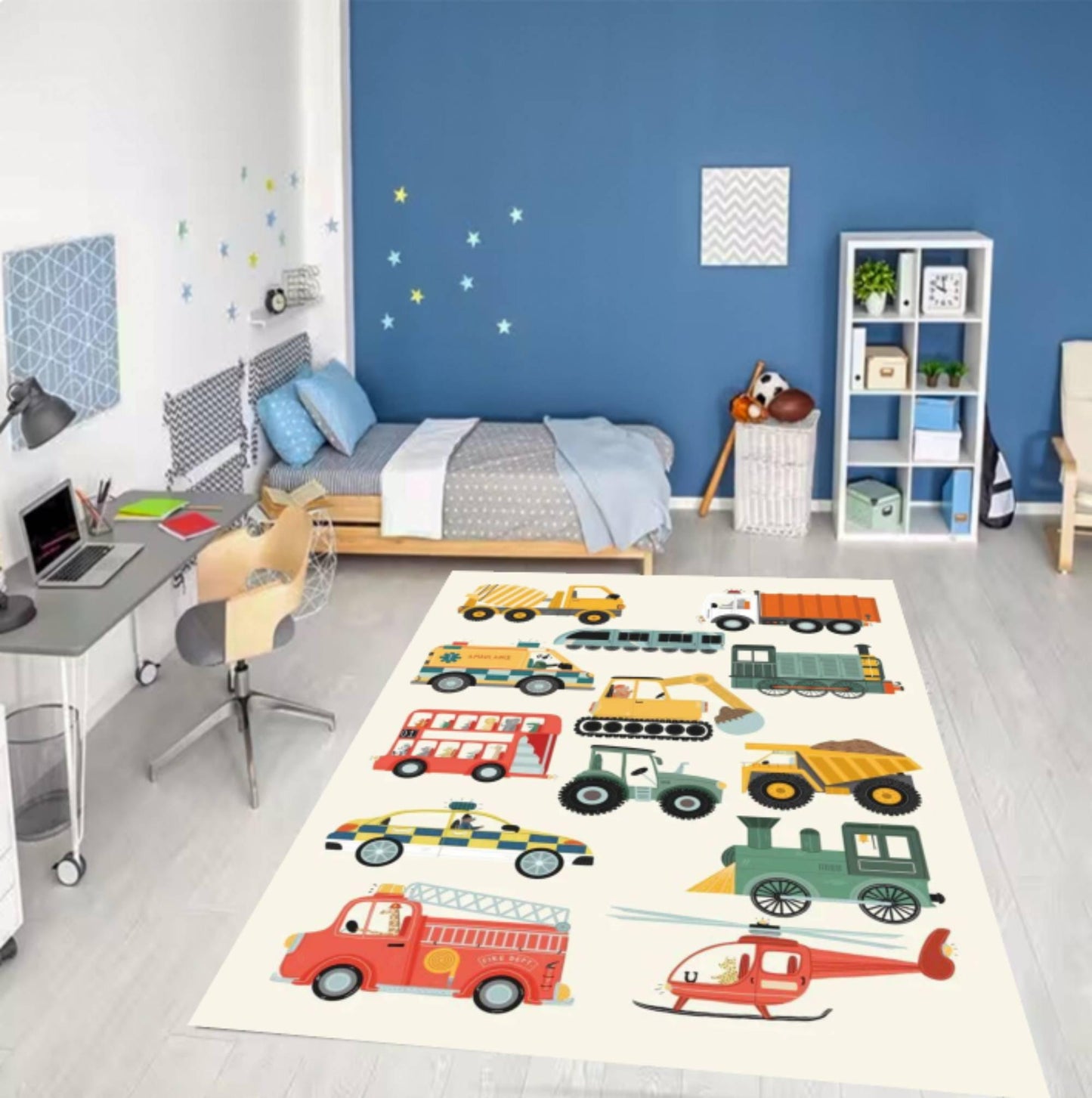 Vehicles & Transport Kids Rug | Trains Cars & Helicopters Carpet