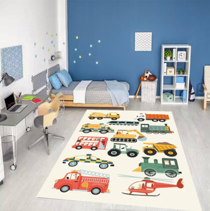 Vehicles & Transport Kids Rug | Trains Cars & Helicopters Carpet
