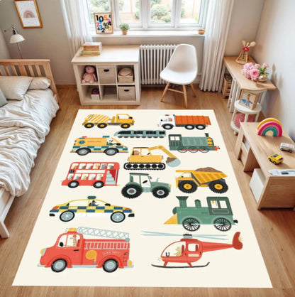 Vehicles & Transport Kids Rug | Trains Cars & Helicopters Carpet